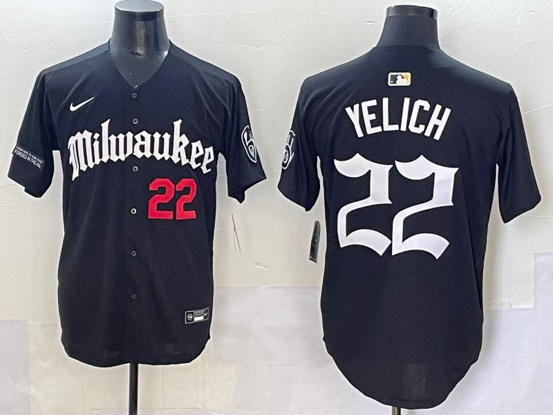 Men 2025 Milwaukee Brewers #22 Yelich Black Five generations Joint Name Nike MLB Jersey style 8